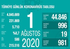1 Ağustos Corona Virüsü Verileri